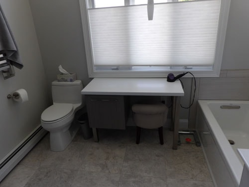Master bath with makeup vanity, toilet, and freestanding soaking tub